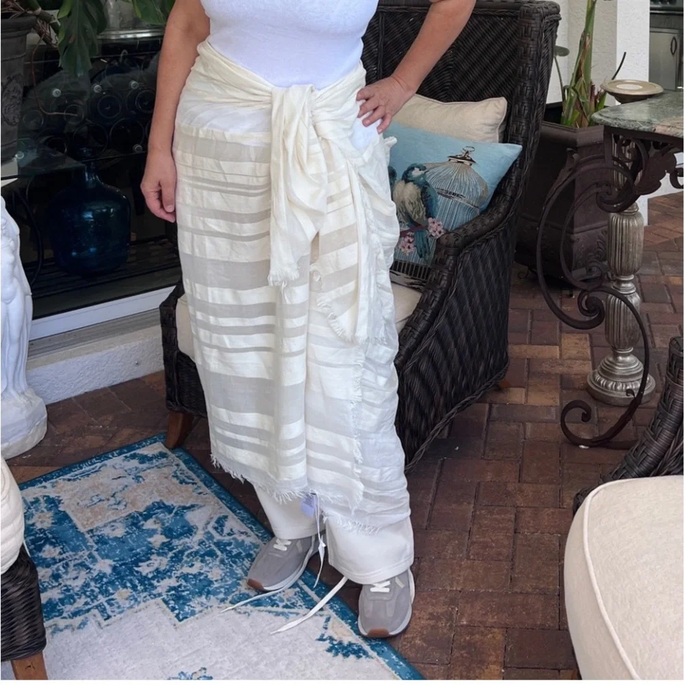 VINCE Large PASHMINA SCARF sheer stripe  cotton modal cashmere LIGHT Ivory